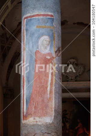 Fresco on the column depicting Saint Helen, Basilica of Saint Frediano, Lucca, Tuscany, Italy 104180547