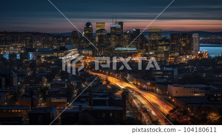 Panoramic skyline and modern commercial buildings with empty asphalt road. AI Generative. 104180611