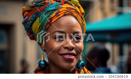 Portrait of stunning glamorous girl wearing traditional headwrap costume. AI Generative 104180619
