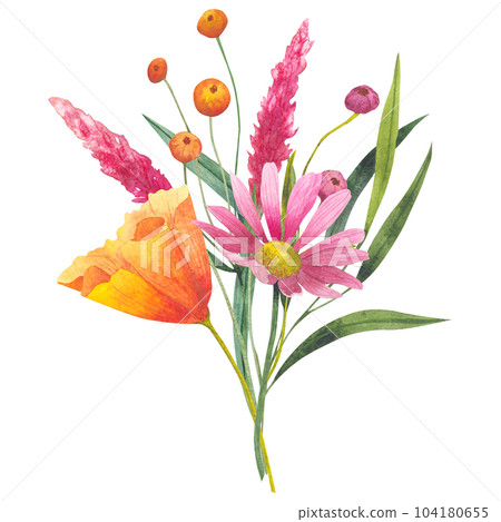 bouquet with orange Watercolor california poppies, dried flowers and cosmos flowers isolated on white background. Hand painted illustration to design invitations, postcards and other print bouquet with orange Watercolor california poppies, dried flowers and cosmos flowers isolated on white background. Hand painted illustration to design invitations, postcards and other print 104180655