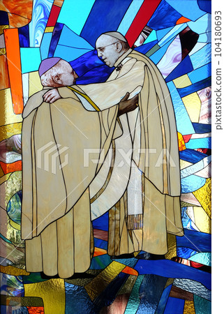 Pope Francis, stained glass window in St Paul's Cathedral in Tirana, Albania 104180693