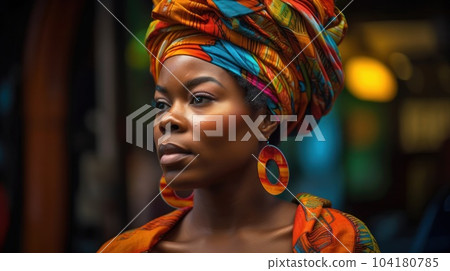 Portrait of stunning glamorous girl wearing traditional headwrap costume. AI Generative 104180785