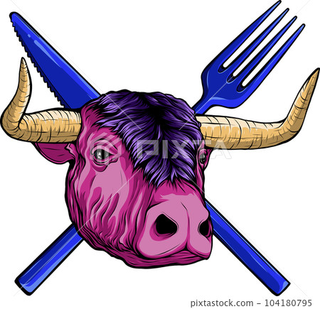 vector illustration of Cow head with cutlery on white background. 104180795