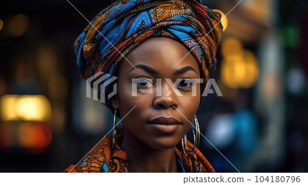 Portrait of stunning glamorous girl wearing traditional headwrap costume. AI Generative 104180796