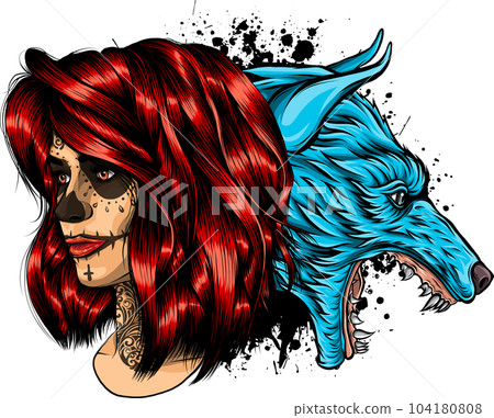 vector illustration of sugar skull woman with wolf 104180808
