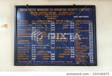 Blackboard with offerings in Indian Coffee House in Kolkata. The India Coffee House chain was started by the Coffee Cess Committee in 1936 in Bombay. 104180875
