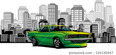 vector illustration of old racing car with grunge city background 104180947