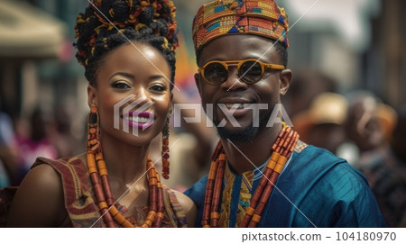 Beautiful african american woman in traditional dress and handsome black man smiling and looking at camera.AI Generative 104180970