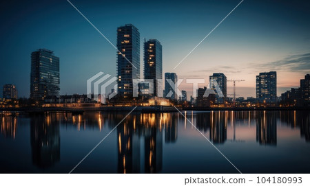 Panoramic skyline and modern commercial buildings with empty asphalt road. AI Generative. 104180993