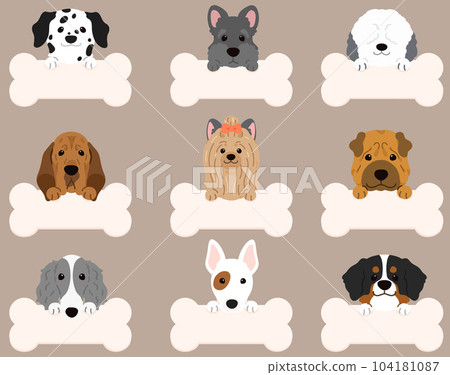 Front face illustration set of a simple and cute dog with a bone-shaped memo F With front paws No main lines Front face illustration set of a simple and cute dog with a bone-shaped memo F With front paws No main lines 104181087