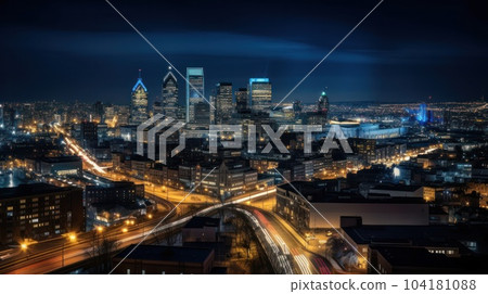 Panoramic skyline and modern commercial buildings with empty asphalt road. AI Generative. 104181088