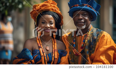 Beautiful african american woman in traditional dress and handsome black man smiling and looking at camera.AI Generative 104181100
