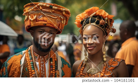 Beautiful african american woman in traditional dress and handsome black man smiling and looking at camera.AI Generative 104181101