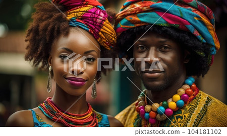 Beautiful african american woman in traditional dress and handsome black man smiling and looking at camera.AI Generative 104181102