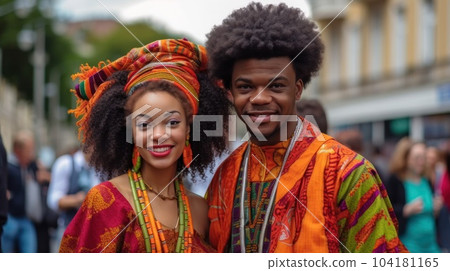 Beautiful african american woman in traditional dress and handsome black man smiling and looking at camera.AI Generative 104181165