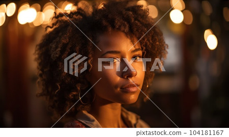 Portrait of young beautiful happy curly african woman in casual cloths looking at camera, while standing outdoors during sunset.AI Generative. 104181167