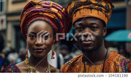 Beautiful african american woman in traditional dress and handsome black man smiling and looking at camera.AI Generative 104181190