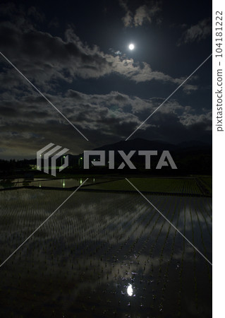 Takegawa-cho, Hokuto City, above Maizuru Bridge, flowing clouds, and a rice field reflecting a moon age of 14.5. bright moonlit night 104181222