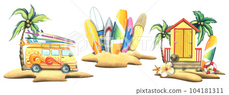 A yellow van with surfboards and beach cabin on a sandy island with a coconut palm. Watercolor illustration hand drawn. Isolated compositions on a white background. 104181311