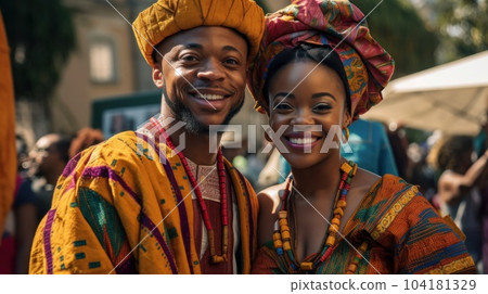 Beautiful african american woman in traditional dress and handsome black man smiling and looking at camera.AI Generative 104181329