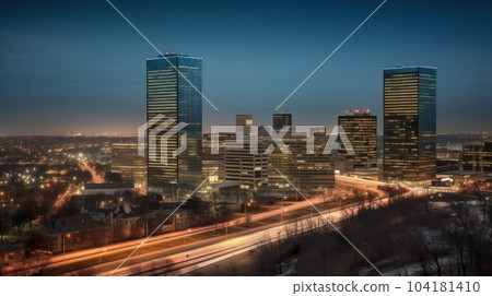 Panoramic skyline and modern commercial buildings with empty asphalt road. AI Generative. 104181410