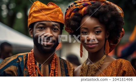 Beautiful african american woman in traditional dress and handsome black man smiling and looking at camera.AI Generative 104181466