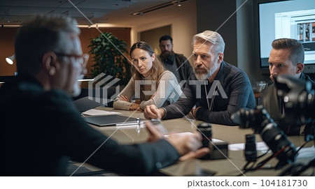 Diverse business team discussing project at corporate briefing in boardroom. Millennial colleagues meeting for brainstorming, sharing ideas, collaborating on startup together. Generative AI 104181730