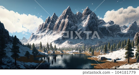Panorama of a colored mountain landscape with the snow covered mountains. Generative AI. 104181779