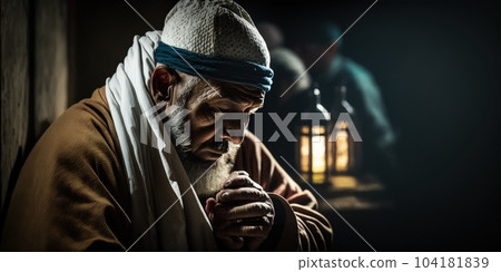 Photo from the side. Muslim Arab man praying in the mosque with his eyes closed. Religion and Prayer during holy month. Generative AI. 104181839