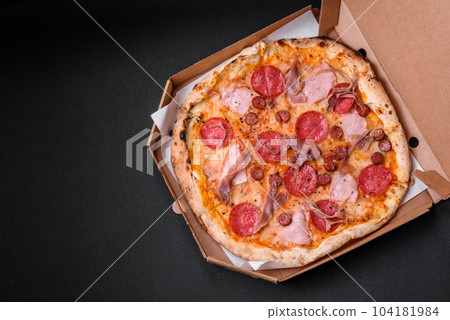 Delicious fresh oven baked pizza with salami, meat, cheese, tomatoes Delicious fresh oven baked pizza with salami, meat, cheese, tomatoes 104181984