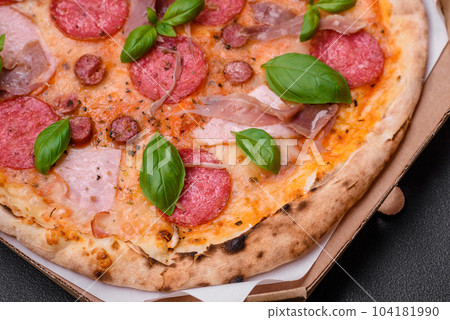 Delicious fresh oven baked pizza with salami, meat, cheese, tomatoes 104181990
