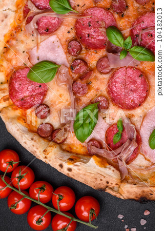 Delicious fresh oven baked pizza with salami, meat, cheese, tomatoes Delicious fresh oven baked pizza with salami, meat, cheese, tomatoes 104182013