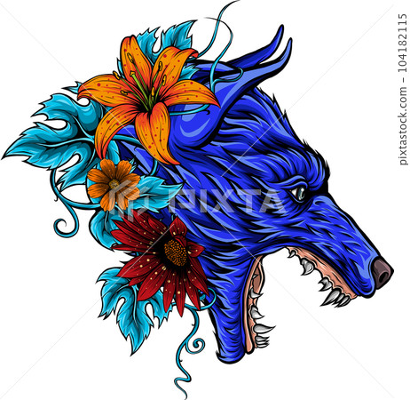 vector illustration of Flowers and wolf's head 104182115