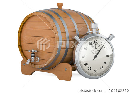 Wooden barrel with valve and stand with stopwatch, 3D rendering 104182210