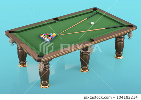 Billiard table with balls and cue on blue background, 3D rendering 104182214