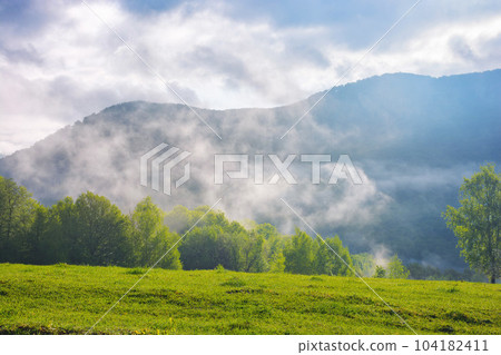 grassy meadow landscape of ukrainian mountains. view in to the distant valley. misty morning grassy meadow landscape of ukrainian mountains. view in to the distant valley. misty morning 104182411