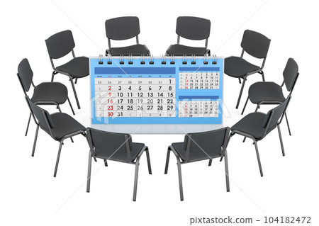 Meeting concept. Chairs in a circle with desk calendar, 3D rendering Meeting concept. Chairs in a circle with desk calendar, 3D rendering 104182472