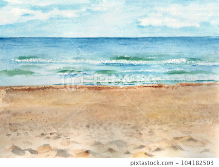 Hand drawn watercolor illustration of sea landscape and sand beach. Sunny weather, blue sky with clouds. 104182503
