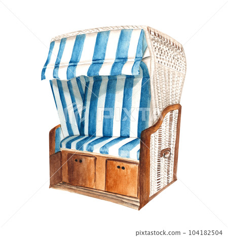 Hooded beach chair from baltic sea, Germany, isolated on white background. Hand drawn watercolor illustration. Hooded beach chair from baltic sea, Germany, isolated on white background. Hand drawn watercolor illustration. 104182504