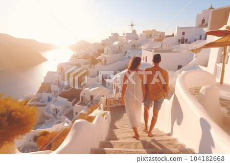 Beautiful young woman and man on their summer vacation walk on greek island Santorini 104182668