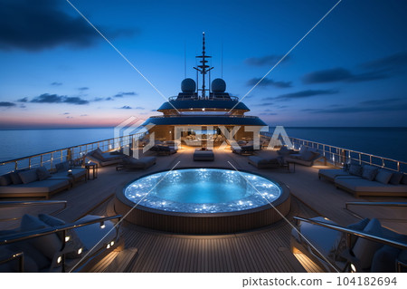 A beautiful shot of a pool on the yacht under a dark blue sky at night time 104182694