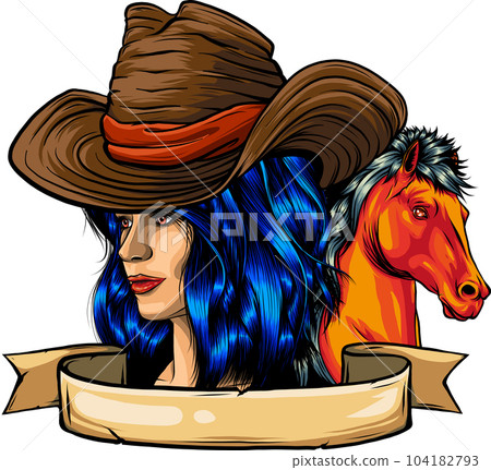 cowgirl woman wearing cowboy hat and with wild mustang horse head vector cowgirl woman wearing cowboy hat and with wild mustang horse head vector 104182793