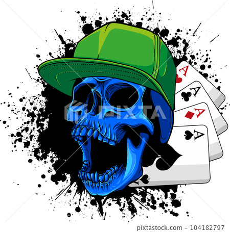 Skull with hat and four aces vector illustration Skull with hat and four aces vector illustration 104182797