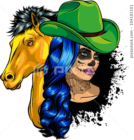 vector illustration of beautiful cowgirl wearing cowboy hat and horse head 104183101