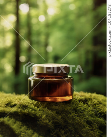 Cosmetic cream jar with lid mockup on green forest background with wooden bark, moss and leaves, beauty product container template 104183278