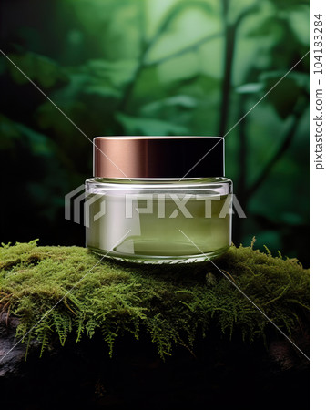 Cosmetic cream jar with lid mockup on green forest background with wooden bark, moss and leaves, beauty product container template 104183284