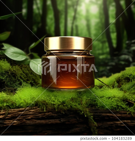 Cosmetic cream jar with lid mockup on green forest background with wooden bark, moss and leaves, beauty product container template 104183289