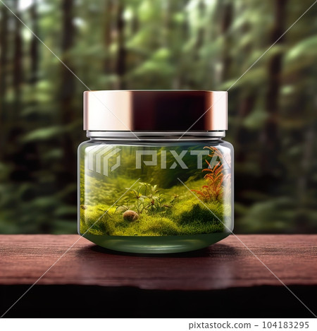 Cosmetic cream jar with lid mockup on green forest background with wooden bark, moss and leaves, beauty product container template 104183295