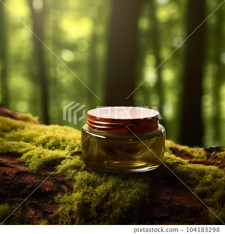 Cosmetic cream jar with lid mockup on green forest background with wooden bark, moss and leaves, beauty product container template 104183298