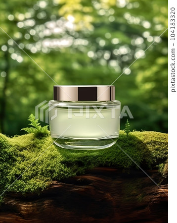 Cosmetic cream jar with lid mockup on green forest background with wooden bark, moss and leaves, beauty product container template 104183320